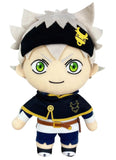 A plush toy character with large green eyes, spiky white hair, and a black headband with a yellow emblem, wearing a navy, white, and yellow outfit against a plain white background.