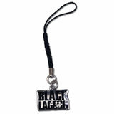 A black braided wrist strap with a silver metal clasp and a rectangular charm featuring the text 'BLACK LAGUNA' in white and black.