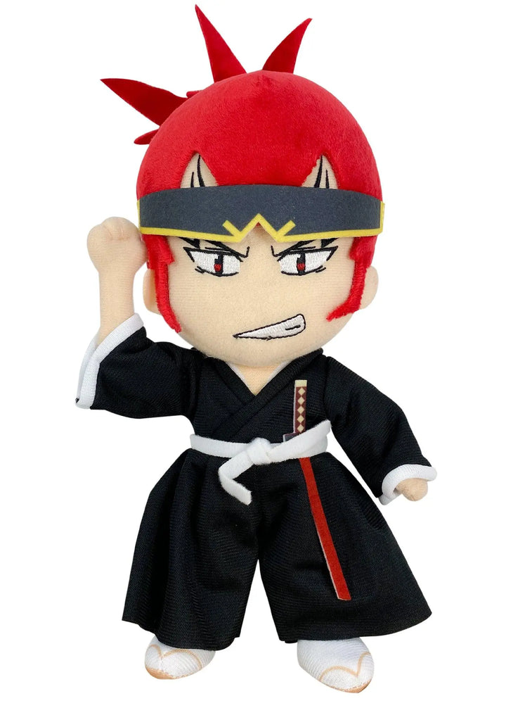 Bleach Renji Abarai 9 inch plush doll front view showing spiky red hair grey gold headband embroidered red eyes black shihakusho and Zabimaru hilt detail by Great Eastern Entertainment