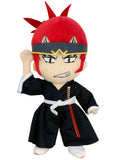 Bleach Renji Abarai 9 inch plush doll front view showing spiky red hair grey gold headband embroidered red eyes black shihakusho and Zabimaru hilt detail by Great Eastern Entertainment