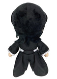A plush toy doll shown from the back, featuring black hair, a black outfit, and a white belt, set against a plain white background.