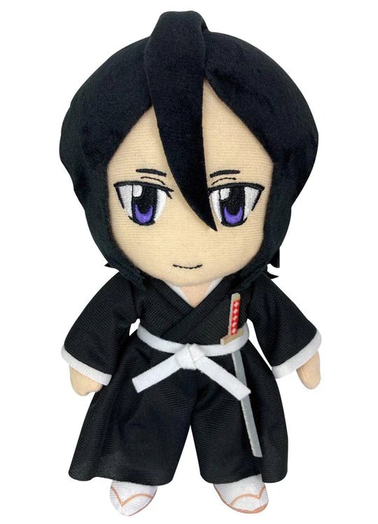 A chibi anime plush toy of a character with black hair, purple eyes, and a black samurai-style outfit with a white belt, shown against a plain white background.