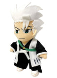 Bleach Toshiro Hitsugaya plush doll side angle view showing white spiky hair teal eyes white haori green sash and gold clasp detail by Great Eastern Entertainment
