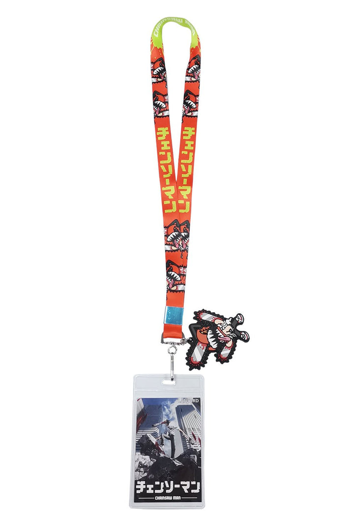 Chainsaw Man lanyard with flat SD PVC Chainsaw Devil charm and clear vertical ID card holder featuring red orange repeating Chainsaw Devil mouth graphic and yellow katakana text pattern with blue breakaway clasp by Great Eastern Entertainment