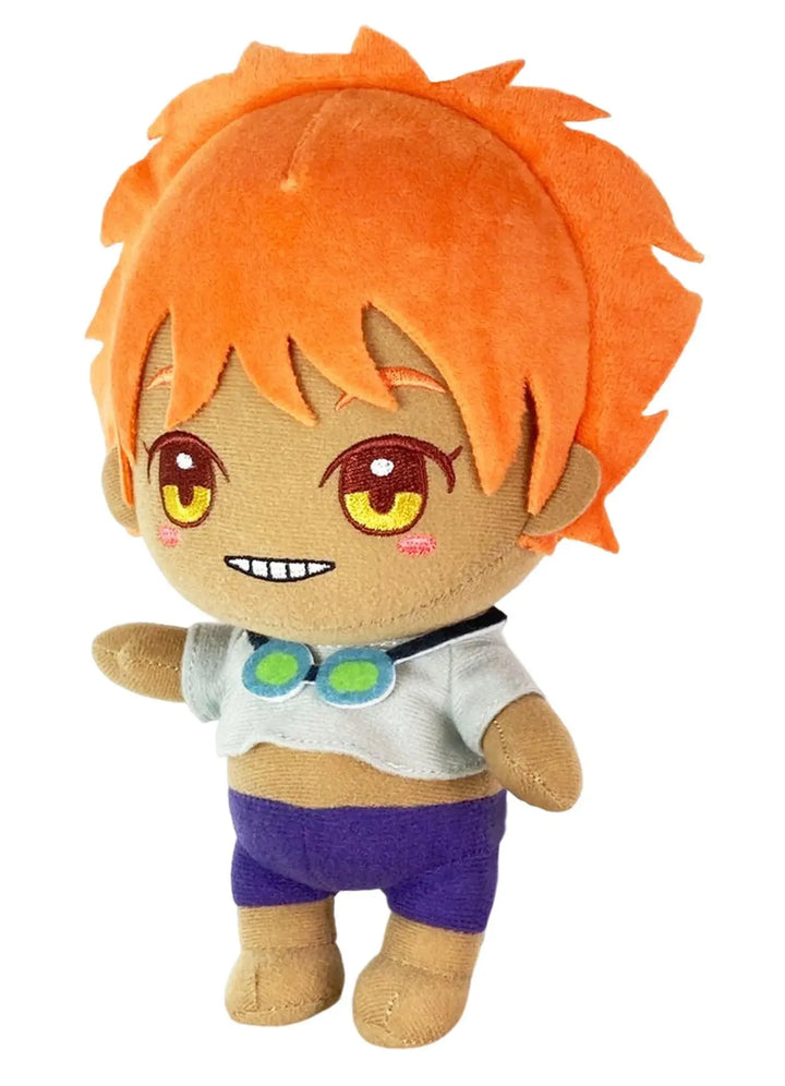Cowboy Bebop Edward Wong 8 inch plush doll three quarter front angle showing wild orange hair embroidered yellow eyes wide grin teal green goggles white crop top and purple shorts by Great Eastern Entertainment