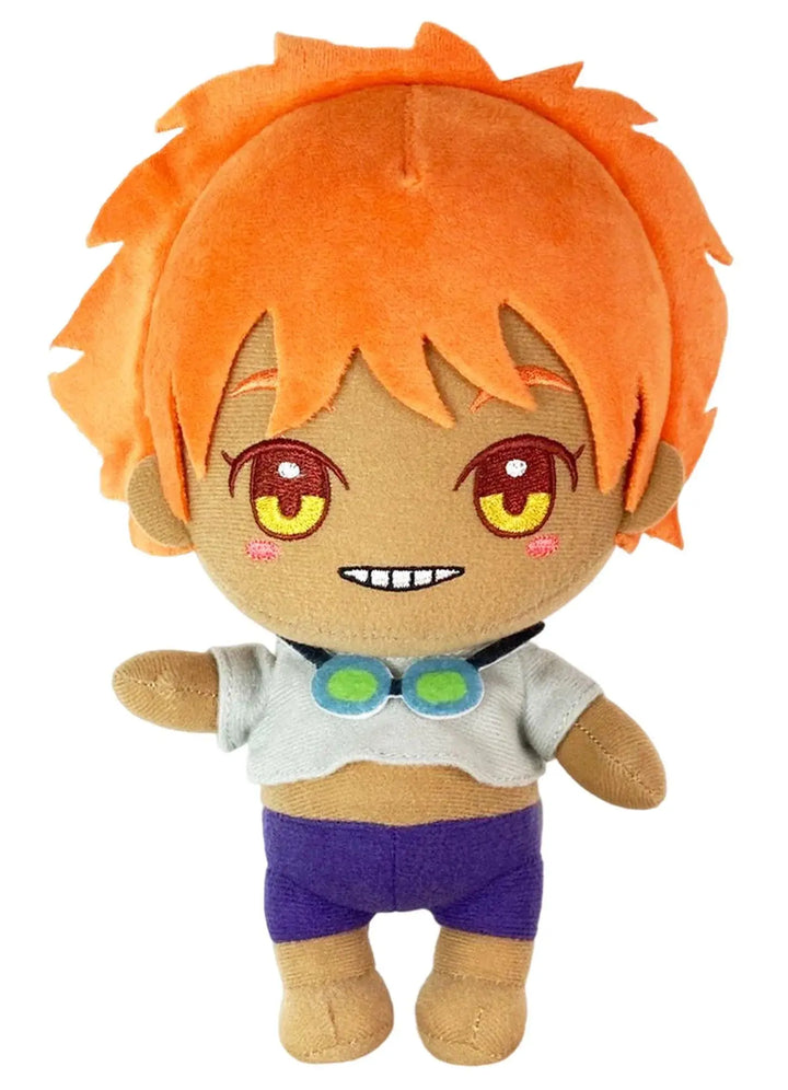 Cowboy Bebop Edward Wong 8 inch plush doll front view showing wild orange hair embroidered yellow eyes dark red brows rosy cheeks wide grin white crop top teal green goggles and purple shorts by Great Eastern Entertainment