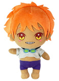 Cowboy Bebop Edward Wong 8 inch plush doll front view showing wild orange hair embroidered yellow eyes dark red brows rosy cheeks wide grin white crop top teal green goggles and purple shorts by Great Eastern Entertainment