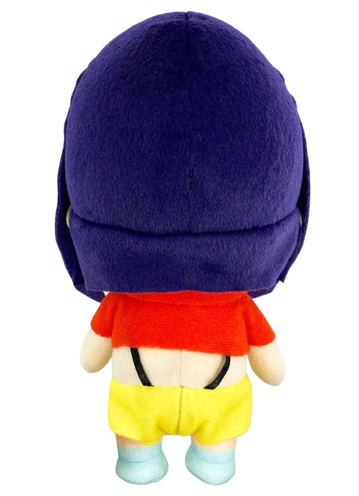 Cowboy Bebop Faye Valentine plush doll back view showing dark purple bob hair texture red crop top yellow shorts black cord detail light blue shoes and soft plush construction by Great Eastern Entertainment