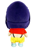 Cowboy Bebop Faye Valentine plush doll back view showing dark purple bob hair texture red crop top yellow shorts black cord detail light blue shoes and soft plush construction by Great Eastern Entertainment