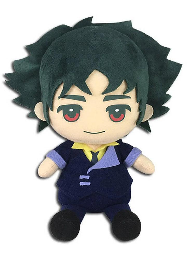 Cowboy Bebop Spike Spiegel 7.5 inch sitting pose plush doll front view showing dark teal spiky hair embroidered red eyes navy blue suit yellow shirt and black shoes by Great Eastern Entertainment
