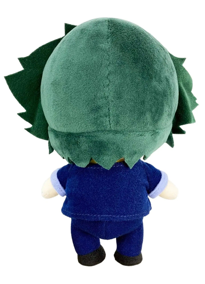 Cowboy Bebop Spike Spiegel plush doll back view showing dark teal spiky hair texture navy blue suit back and black shoes standing pose soft plush construction by Great Eastern Entertainment