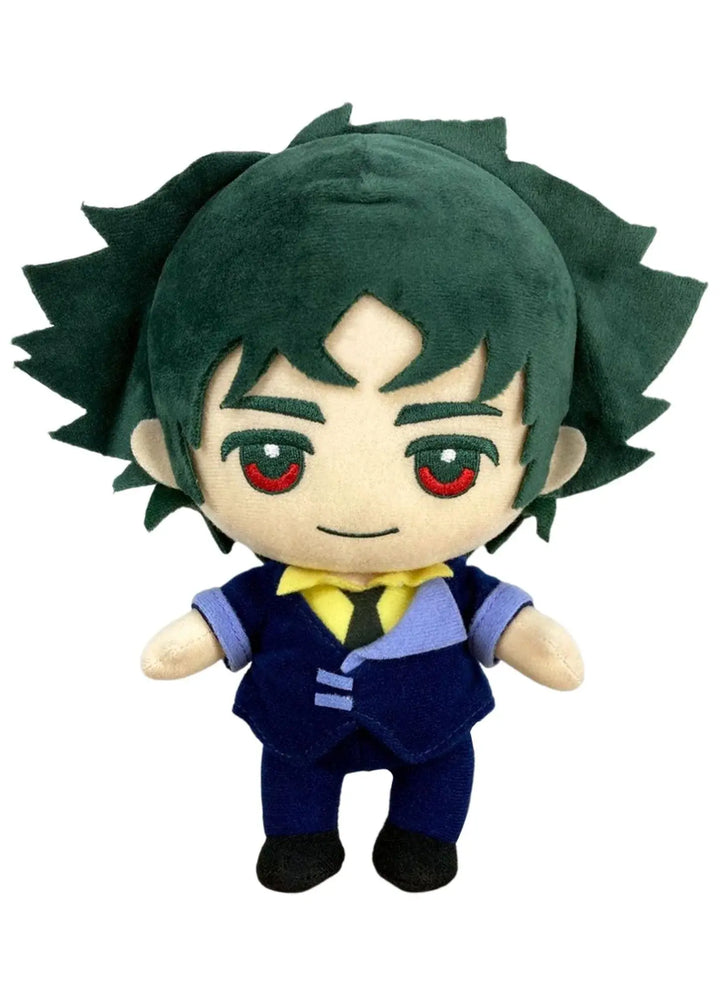 Cowboy Bebop Spike Spiegel 8 inch plush doll front view showing dark teal spiky hair embroidered red eyes navy blue suit yellow shirt and black shoes standing pose by Great Eastern Entertainment