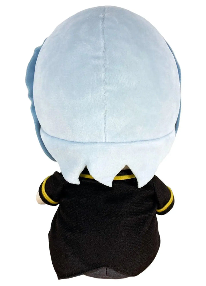 Cowboy Bebop Vicious plush doll back view showing pale silver-white plush hair texture black coat with yellow trim detail and sitting pose construction by Great Eastern Entertainment
