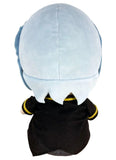 Cowboy Bebop Vicious plush doll back view showing pale silver-white plush hair texture black coat with yellow trim detail and sitting pose construction by Great Eastern Entertainment