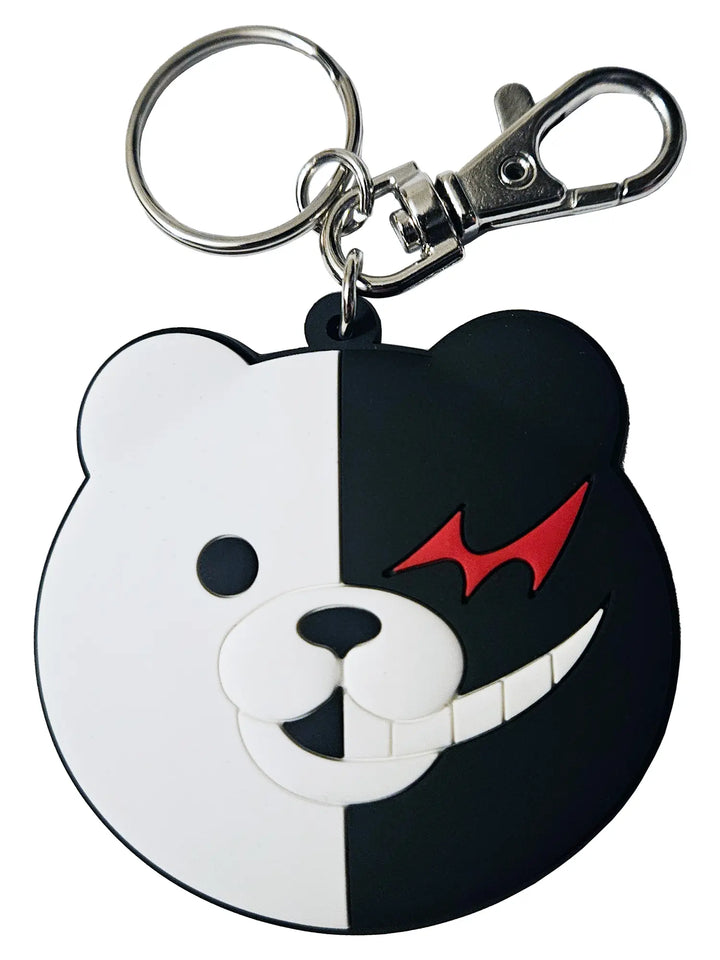 Front of the Danganronpa 3 keychain package with Monokuma face artwork, split ring, and swivel clasp.