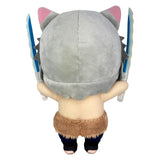 Demon Slayer Inosuke Hashibira plush doll showing the gray boar mask, two raised swords, brown textured waist wrap, and dark leg coverings, back view, Great Eastern Entertainment.