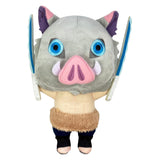 Demon Slayer Inosuke Hashibira plush doll with a gray boar mask, embroidered blue eyes, pink snout, white tusks, and two raised swords, front view, Great Eastern Entertainment.