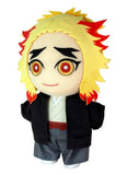 Angled front view of Demon Slayer Movie Kyojuro Rengoku 9 inch Plush Doll showing 3D felt flame hair spikes in yellow and red chibi embroidered face with gold and red concentric ring eyes black haori open over white kimono with red obi sash and grey hakama pants officially licensed by Great Eastern Entertainment