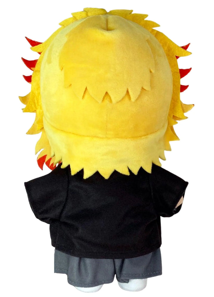 Back view of Demon Slayer Movie Kyojuro Rengoku 9 inch Plush Doll showing full 3D layered felt flame hair construction from crown with jagged yellow spikes and red accent tips arranged in rows black haori back and grey hakama pants officially licensed by Great Eastern Entertainment