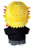 Back view of Demon Slayer Movie Kyojuro Rengoku 9 inch Plush Doll showing full 3D layered felt flame hair construction from crown with jagged yellow spikes and red accent tips arranged in rows black haori back and grey hakama pants officially licensed by Great Eastern Entertainment