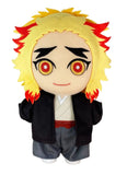 Demon Slayer Movie Kyojuro Rengoku 9 inch Plush Doll front view showing chibi standing pose with 3D layered felt yellow and red flame hair embroidered concentric ring eyes sharp black embroidered brows black haori white kimono red obi sash grey hakama pants officially licensed by Great Eastern Entertainment