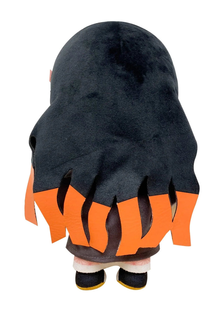 Back view of Demon Slayer Nezuko Kamado 8-inch plush doll showing long black hair and black haori with distinctive orange flame-pattern lining panels at hem officially licensed by Great Eastern Entertainment