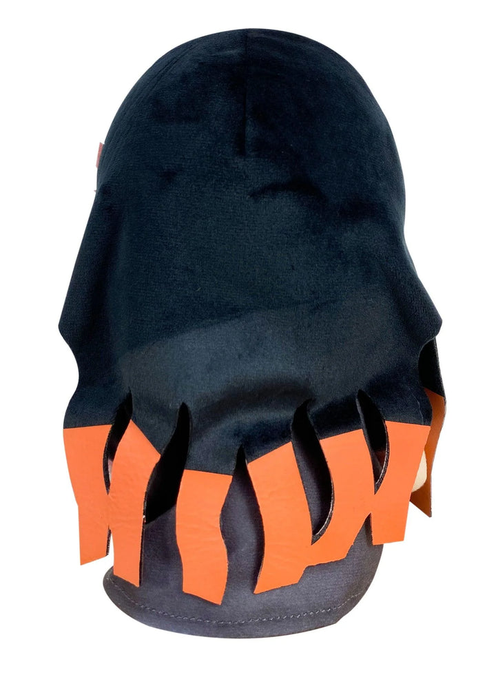 Back view of Demon Slayer Nezuko Kamado 8-inch sitting pose plush doll showing black hair black haori with bold alternating orange and black flame-cut lining panels along full hem officially licensed by Great Eastern Entertainment
