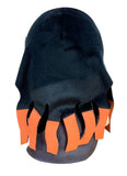 Back view of Demon Slayer Nezuko Kamado 8-inch sitting pose plush doll showing black hair black haori with bold alternating orange and black flame-cut lining panels along full hem officially licensed by Great Eastern Entertainment