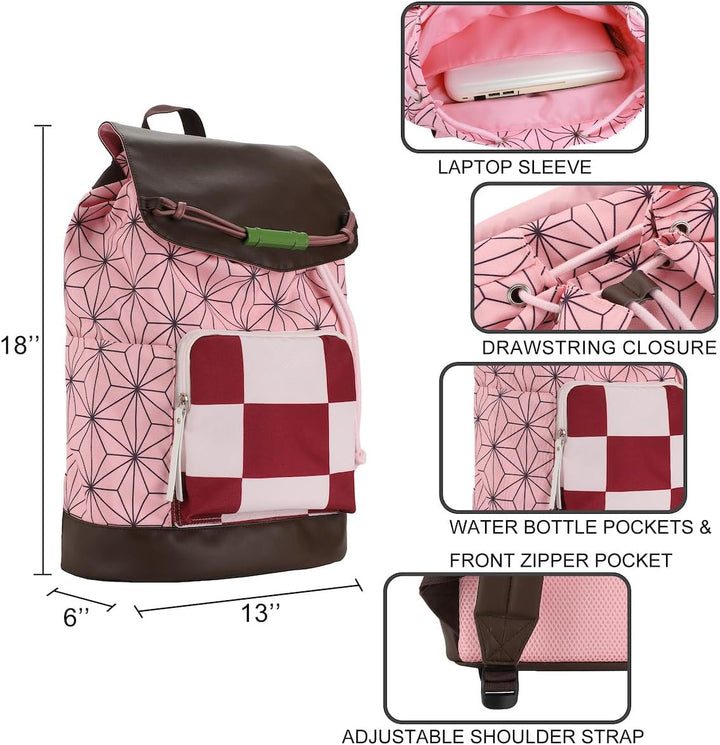 Pink geometric patterned backpack with measurements and feature highlights on a white background