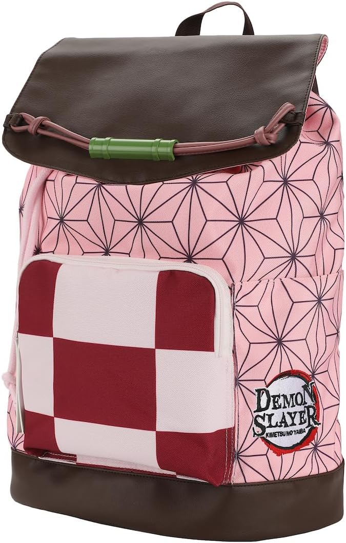 Backpack with pink geometric pattern and checkered front pocket, featuring 'Demon Slayer' branding.