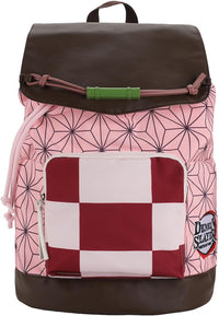 Demon Slayer Nezuko Backpack with pink geometric pattern and checkered pocket on a white background