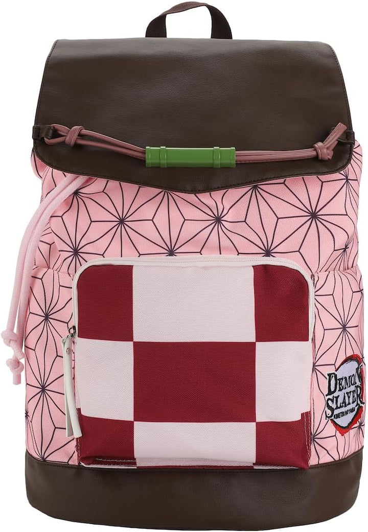 Demon Slayer Nezuko Backpack with pink geometric pattern and checkered pocket on a white background