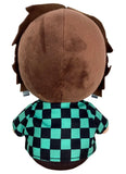 Back view of Demon Slayer Tanjiro Kamado 8 inch sitting pose plush doll showing full teal and black checkerboard haori wrapping around back brown layered plush hair construction and Hanafuda earring details visible from rear