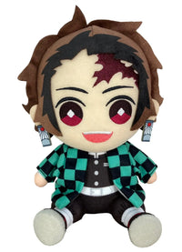 Demon Slayer Tanjiro Kamado 8 inch sitting pose plush doll showing embroidered dark red forehead scar burgundy eyes with white highlights smiling expression teal and black checkerboard haori black inner shirt white obi belt Hanafuda earrings black pants and white tabi socks