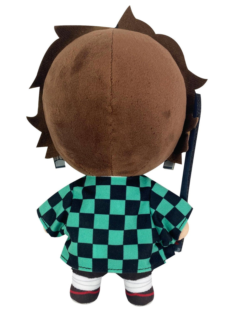 Back view of Demon Slayer Tanjiro Kamado 9-inch plush doll showing dark brown hair teal and black checkered haori back detail white tabi socks black and red zori sandals and black Nichirin sword visible over shoulder officially licensed by Great Eastern Entertainment
