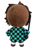Back view of Demon Slayer Tanjiro Kamado 9-inch plush doll showing dark brown hair teal and black checkered haori back detail white tabi socks black and red zori sandals and black Nichirin sword visible over shoulder officially licensed by Great Eastern Entertainment