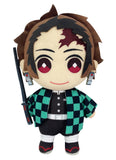 Demon Slayer Tanjiro Kamado 9-inch SD chibi plush doll front view showing dark brown hair embroidered burgundy eyes forehead scar hanafuda earrings teal and black checkered haori black Demon Slayer Corps uniform and black Nichirin sword by Great Eastern Entertainment