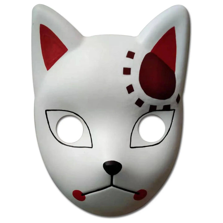 Tanjiro Kamado warding mask with a white fox face, red forehead and cheek markings, black facial outlines, and pointed ears, front view, Demon Slayer by Great Eastern Entertainment.