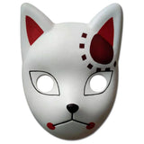 Tanjiro Kamado warding mask with a white fox face, red forehead and cheek markings, black facial outlines, and pointed ears, front view, Demon Slayer by Great Eastern Entertainment.