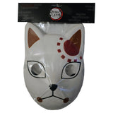 Close-up of Tanjiro Kamado’s white fox warding mask showing red forehead markings, outlined eye openings, a black nose, and curved mouth lines through clear packaging, Demon Slayer by Great Eastern Entertainment.