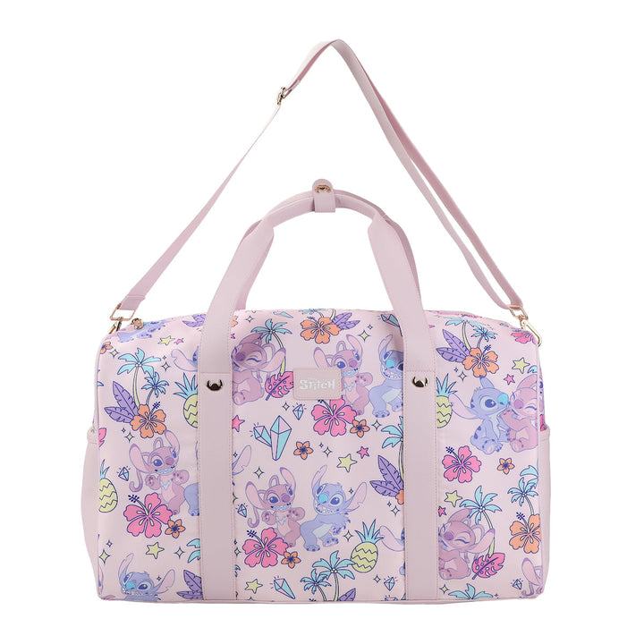 Disney Stitch and Angel tropical duffel bag in pink with pineapples and palm trees - front view