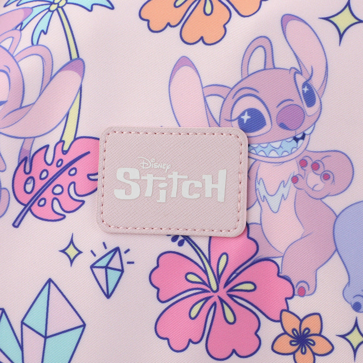 Close-up of official Disney Stitch series patch on tropical duffel bag