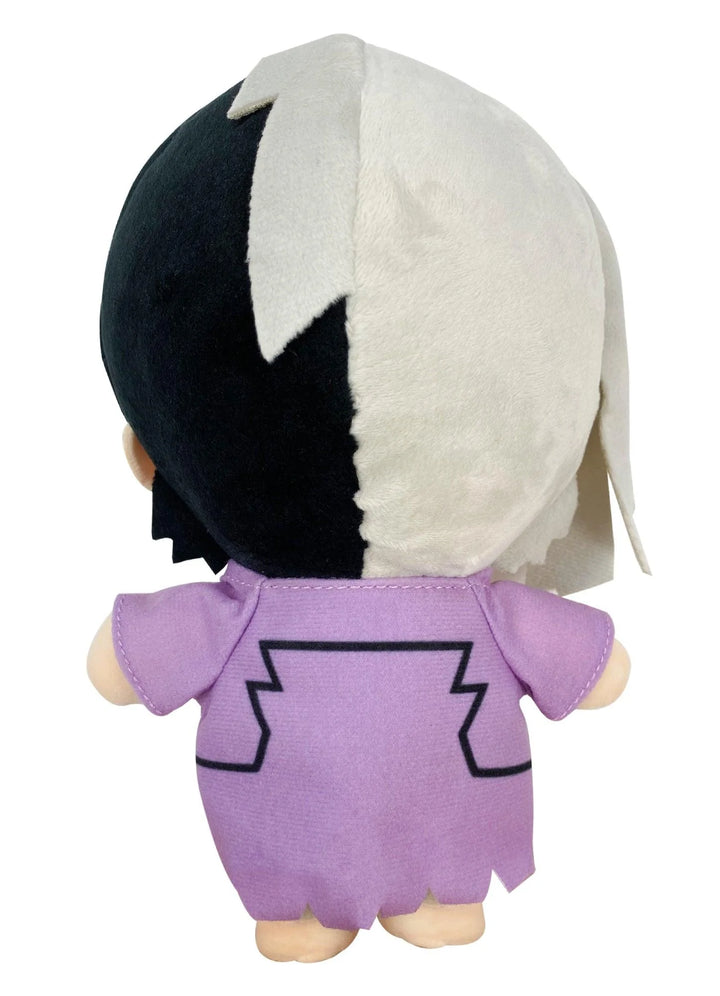 Dr. Stone Gen Asagiri plush doll showing split black-and-white hair and a purple coat with angular black trim, back view, Great Eastern Entertainment.