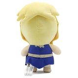 Dr. Stone Kohaku 9 inch chibi plush doll back view showing blonde hair construction cross-back detail on cobalt blue dress gray belt and GEE Dr. Stone licensing tag confirming official Great Eastern Entertainment merchandise made in China