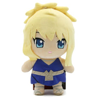 Dr. Stone Kohaku 9 inch chibi plush doll front view showing blonde hair with spiky ponytail embroidered dark blue eyes cobalt blue tribal dress gray stone belt clasp and gladiator sandals officially licensed by Great Eastern Entertainment