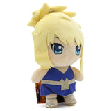 Dr. Stone Kohaku 9 inch chibi plush doll three-quarter angle view showing spiky blonde ponytail right side profile embroidered blue eyes cobalt blue sleeveless dress with gray stone belt and GEE plush tag officially licensed by Great Eastern Entertainment