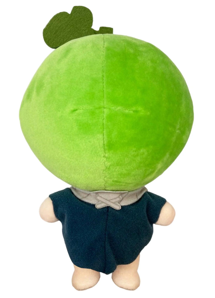Dr. Stone Suika plush doll showing the green melon helmet, dark outfit, gray neck detail, and back seams, rear view, Great Eastern Entertainment.