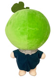 Dr. Stone Suika plush doll showing the green melon helmet, dark outfit, gray neck detail, and back seams, rear view, Great Eastern Entertainment.