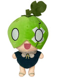 Dr. Stone Suika plush doll with a green melon helmet, embroidered eyes and smile, gray neck detail, and dark outfit, front view, Great Eastern Entertainment.