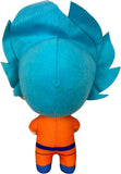 Back view of Dragon Ball Super SSGSS Goku 9 inch Plush Doll showing multi-layered teal cyan Super Saiyan Blue spiky hair construction orange gi back seam blue waistband and blue boots officially licensed Dragon Ball Super anime collectible by Great Eastern Entertainment